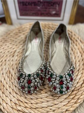 Jeweled Gold Slip-On Flats with Red & Green Gems
